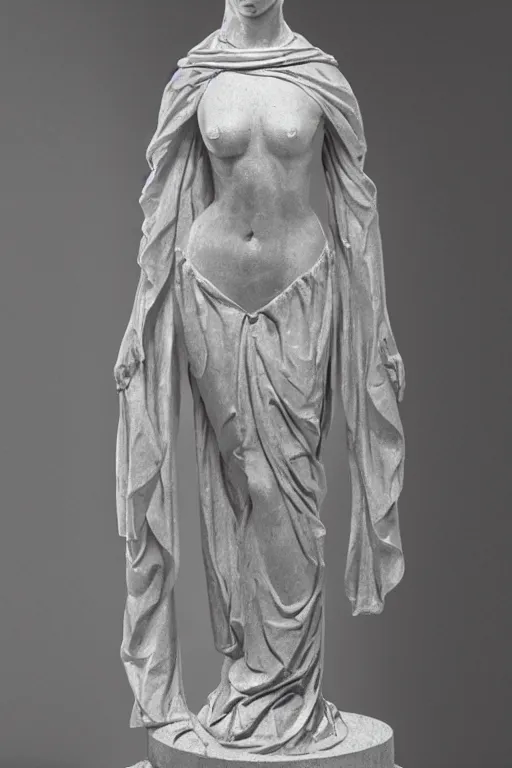 Image similar to a cinematic view of an highly ornated intricate macabre impressionist sacred statue of veiled girl made in light concrete, with few ornaments in shiny polished graphite, sculpted by hedi xandt and antonio corradini