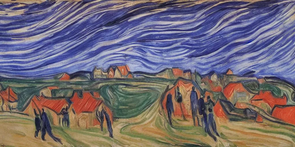Image similar to ' a painting of a storm with people and houses by edvard munch'
