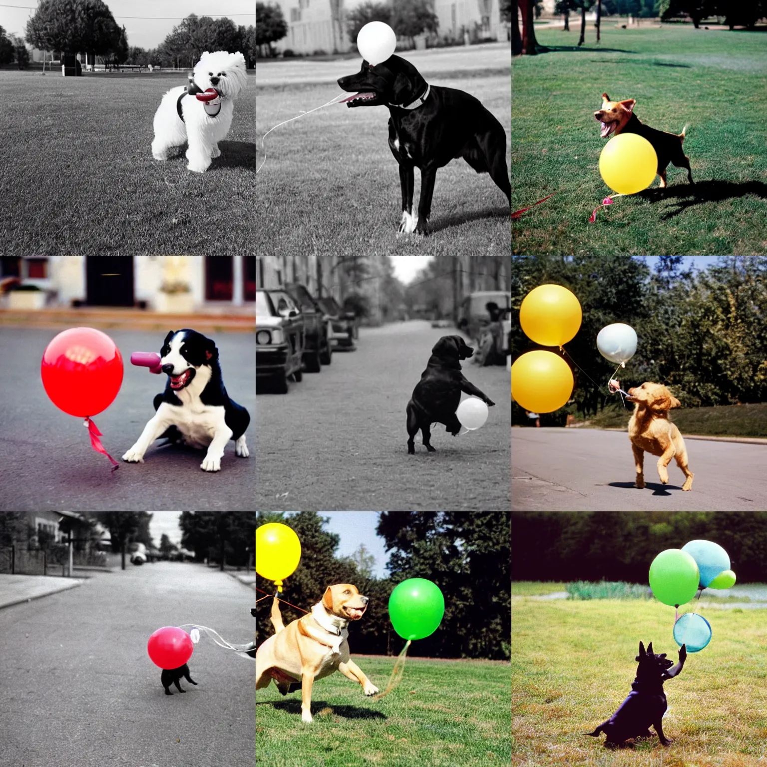 Prompt: a dog playing balloon in the 9 0 s