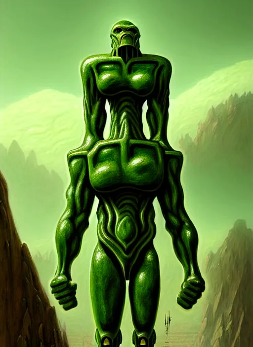 Prompt: portrait giant green humanoid with his fist up, brown armor, background ancient alien landscape, low angle, close up, concept art, intricate details, highly detailed, sci - fi poster, future, sci - fi art, art by john collier and albert aublet and krenz cushart