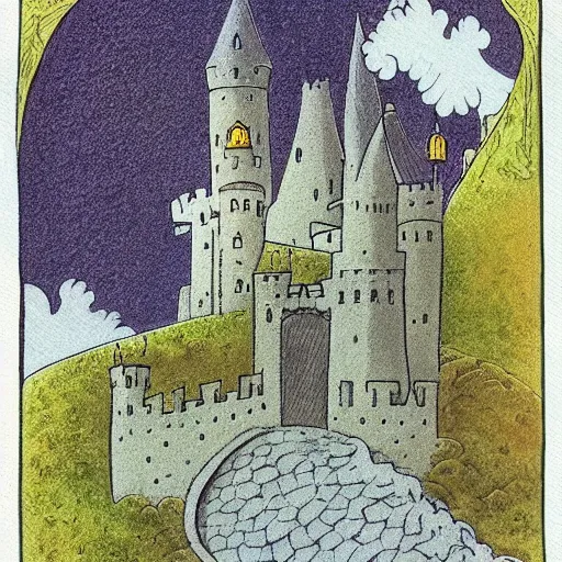 Prompt: A beautiful digital art of a castle in the clouds. graphic design by Maurice Sendak delicate