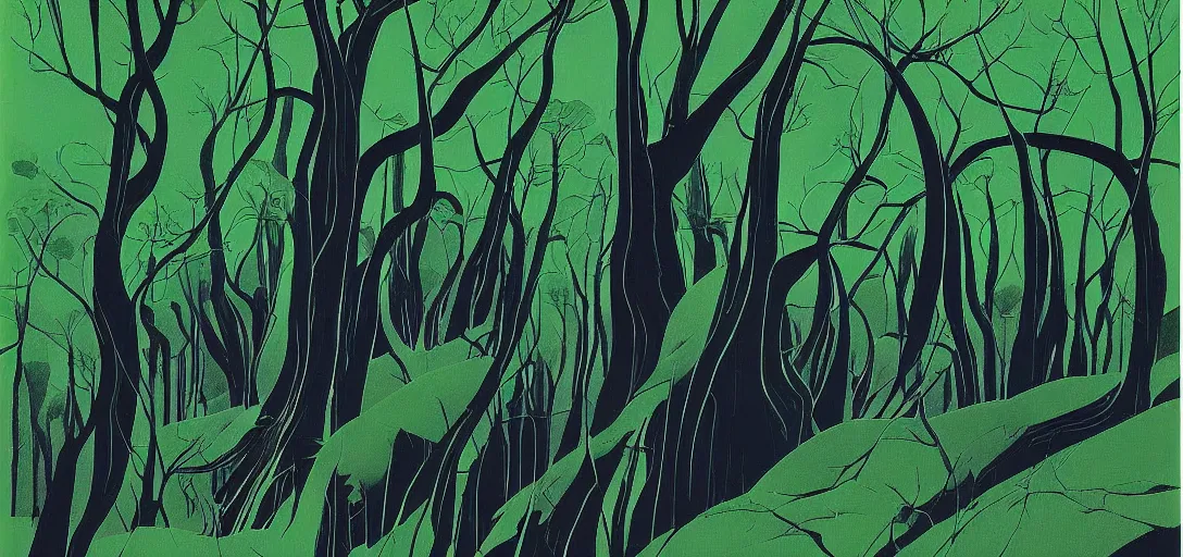 Prompt: a forested landscape by eyvind earle
