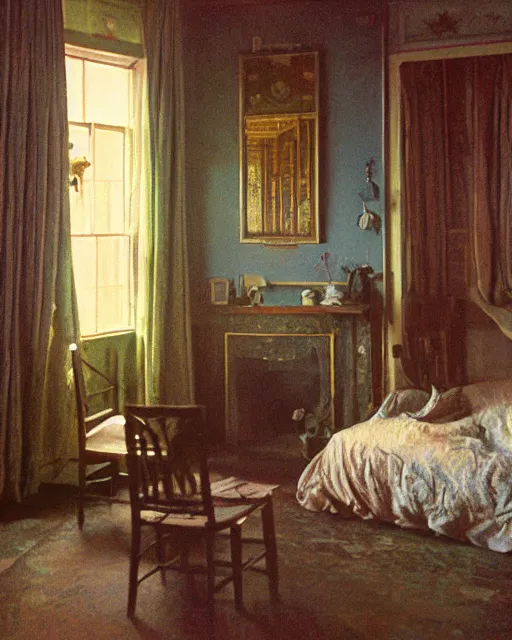 Image similar to the interior of a house in devonshire, painterly, offset printing technique, photographed on kodachrome by brom, robert henri, walter popp, cinematic lighting, various refining methods, micro macro autofocus, ultra definition, award winning photo