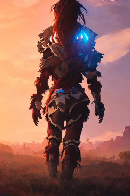 Image similar to combination suit armor aloy horizon forbidden west horizon zero dawn radiating a glowing aura global illumination ray tracing hdr fanart arstation by ian pesty and alena aenami artworks in 4 k tribal robot ninja mask helmet backpack