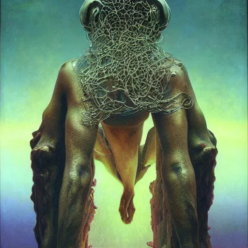 Image similar to space nomad by zdzisław beksinski, iris van herpen, raymond swanland and alphonse mucha. highly detailed, hyper - real, beautiful