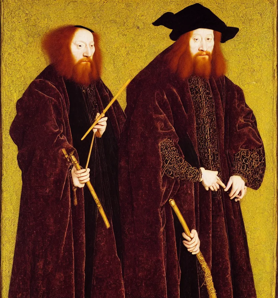 Image similar to painted portrait of a glorious wizard with a magic wand wearing a rich embroidered velvet cloak, 1 6 th century, hans holbein the younger, jan van eyck, gerit dou,