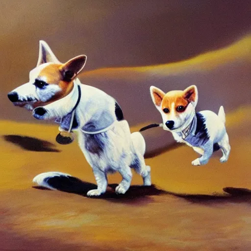 Image similar to 3 toy fox terriers flying a biplane, dog faces alert, beautiful painting, dappled fur pattern, style of tin tin