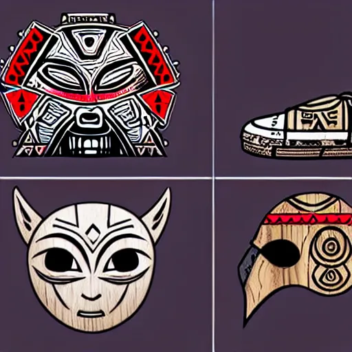 Image similar to sneaker design concept art, aztec mayan street fashion native punk sneaker design, majora's mask, wearing wooden mask, hip hop sneaker design with subtle mayan patterns, gapmoe yandere grimdark, trending on pixiv fanbox, painted by greg rutkowski makoto shinkai takashi takeuchi studio ghibli, akihiko yoshida