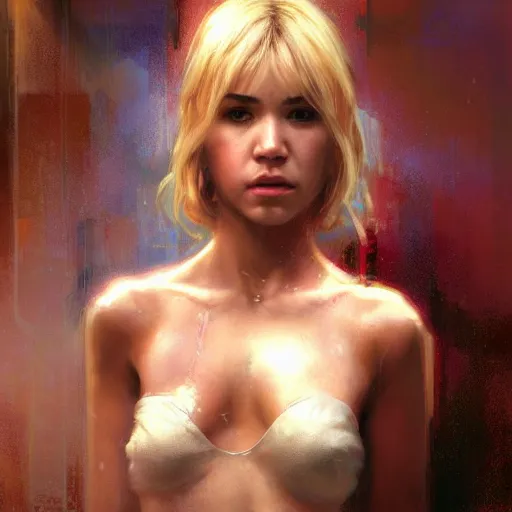 Image similar to hanna montana, full figure, long shot hyperrealistic, bladerunner street, art of elysium by jeremy mann and alphonse mucha, fantasy art, photo realistic, dynamic lighting, artstation, poster, volumetric lighting, very detailed face, 4 k, award winning