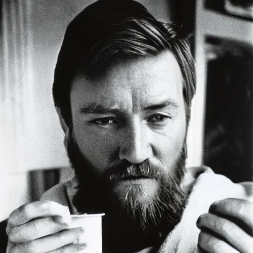 Prompt: obi - wan kenobi drinking a coke in 1 9 8 1, spontaneous portrait, polaroid, rule of thirds