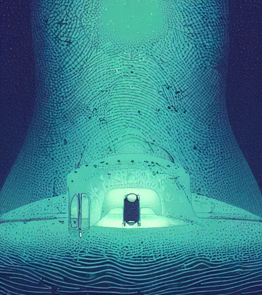 Image similar to kilian eng illustration of a white bioremediation architecute in the atacama desert filled with stars at night, hazy and misty, magical feeling, uhd, high detail, by kilian eng