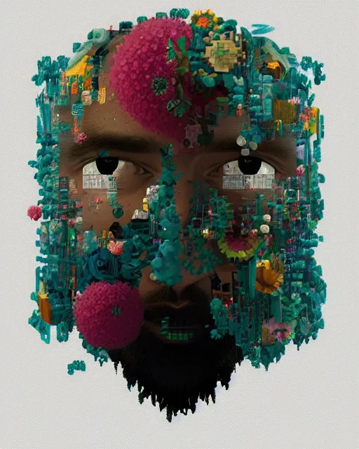 Image similar to a ultradetailed digital painting of a man with flowers in his beard, profile, cyberpunk art by beeple, behance contest winner, retrofuturism, voxel art, # pixelart, dystopian art