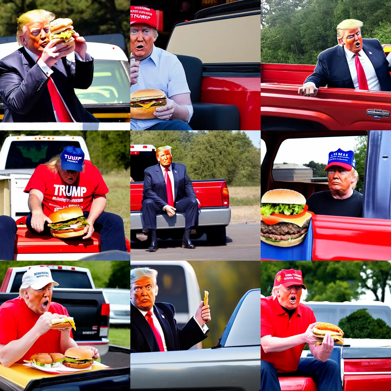 Prompt: donald trump eating a cheeseburger, sitting in the back of a pickup truck.