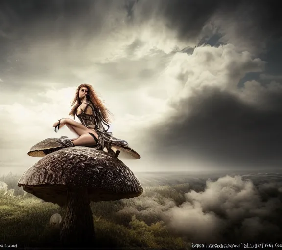 Image similar to a portrait of an armored female warrior sitting on the edge of a giant mushroom that covers a whole town and reaches above the clouds by luis royo. intricate. lifelike. soft light. sony a 7 r iv 5 5 mm. cinematic post - processing