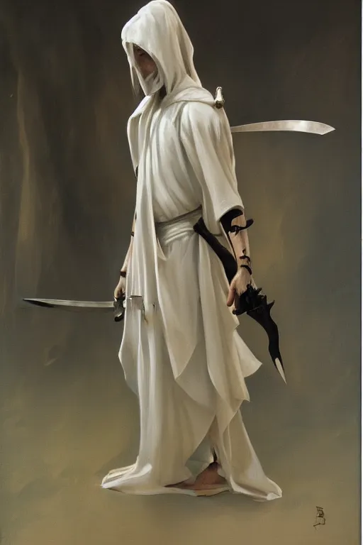 Image similar to fantasy painting of a pale man dressed in robes with a black blade, painted by Bayard Wu, ultra detailed, 8k