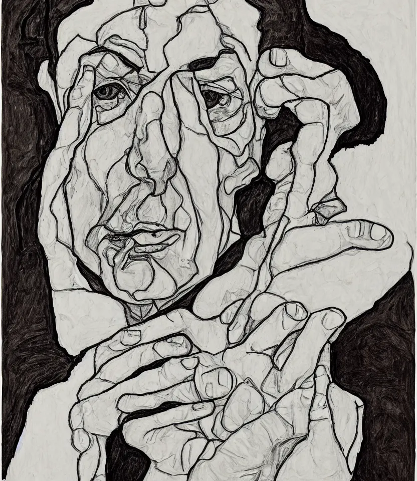 Image similar to a line art portrait of singer leonard cohen, inspired by the work of egon schiele.