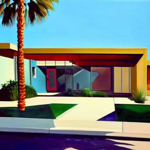 Prompt: an oil painting of a mid century modern house designed by both frank lloyd right and richard sera in palm springs