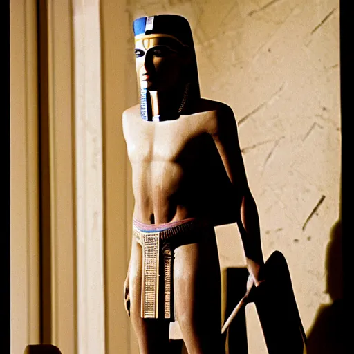 Image similar to An egyptian pharaoh as The American Psycho, cinematic still