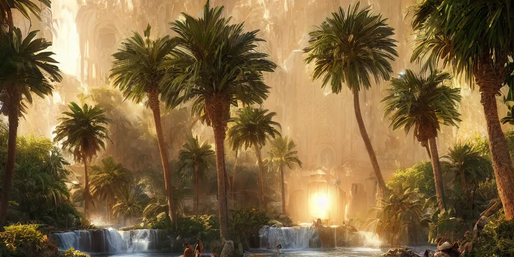 Image similar to beautiful oasis waterfalls surrounded by palm trees moroccan tile archways, date trees, ivory towers sunset peter morbacher ross tran angelarium greg rutkowski alchemy luxury heavenly light soft illumination, trending on artstation cinematic lighting digital painting octane render, artgerm