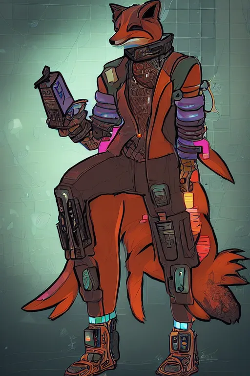 Image similar to a detailed illustration of an anthropomorphic fox cyberpunk tech - sorcerer, comic book style, trending on furaffinity