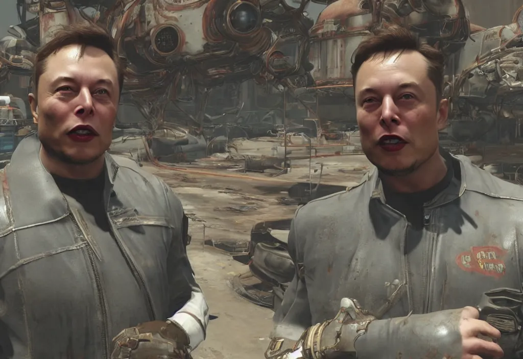 Image similar to elon musk in the video game in fallout 4, apocalyptic wastland, close up, 3 d rendering. unreal engine. amazing likeness. very detailed.