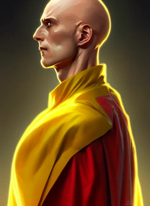 Image similar to ultra realistic illustration, handsome saitama. yellow and red cape, intricate, elegant, highly detailed, digital painting, artstation, concept art, smooth, sharp focus, illustration, art by artgerm and greg rutkowski and alphonse mucha and wlop