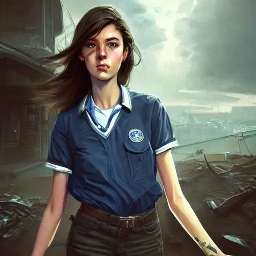 Prompt: portrait of a brunette thin teenager girl with blue eyes wearing school uniform in fallout, light stubble, digital art,photorealistoc,art by greg rutkowski,hyperdetailed,western comic style,comic,comic style,sharp lineart,professional lighting,deviantart,artstation,trevor henderson,rossdtaws,cinematic,dramatic