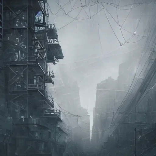 Image similar to raining dark smog wide angle shot machinery dieselpunk dystopia corrogated steel overhead walkway trending on artstation megalomaniac city