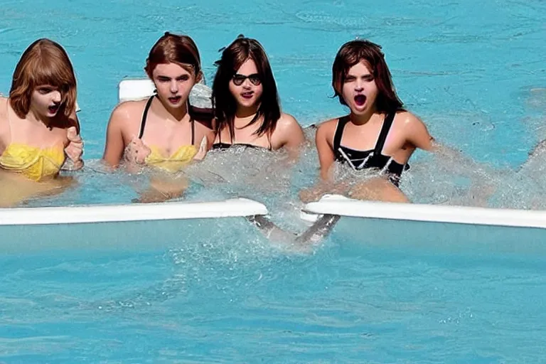 Image similar to emma watson and taylor swift and selena gomez swim together. perfect faces.