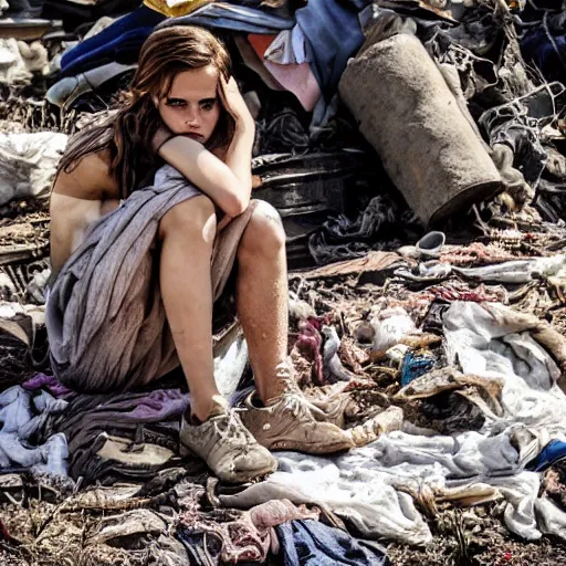 Image similar to concerned and tired emma watson in shredded and destroyed dirty clothes rags, in the ruins of civilization after the apocalypse, hd photo, high detail, shallow depth of field