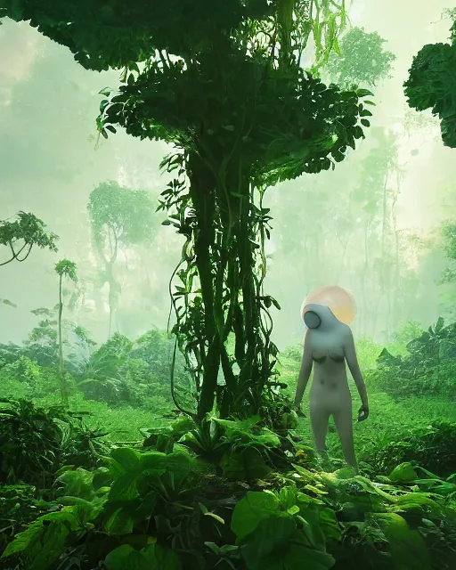 Prompt: beautiful jungle landscape, anonymous head, beautiful vines growing, in the style of beeple and mike winkelmann, intricate, epic lighting, cinematic composition, hyper realistic, 8 k resolution, unreal engine 5, raytracing, reflections, happy colors