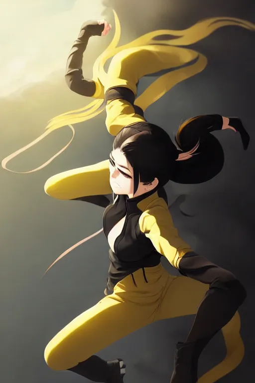 Image similar to black ponytail hair, pale woman in a black zipper jacket, yellow eyes, by artgerm, hair tied in a ponytail, white backdrop, soft lighting, fighting pose, dynamic angle, by greg rutkowski makoto shinkai takashi takeuchi