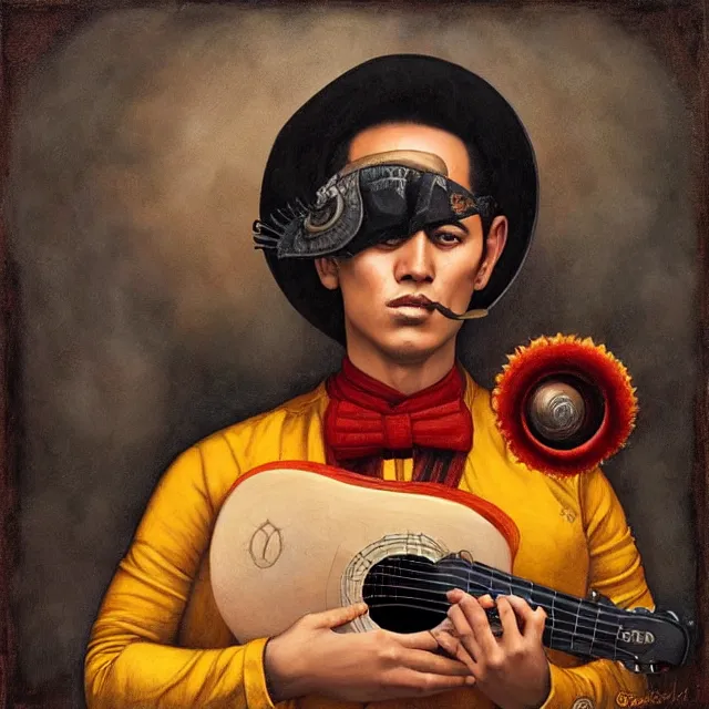 Image similar to portrait of a mexican mariachi musician, art by tom bagshaw and manuel sanjulian and diego rivera