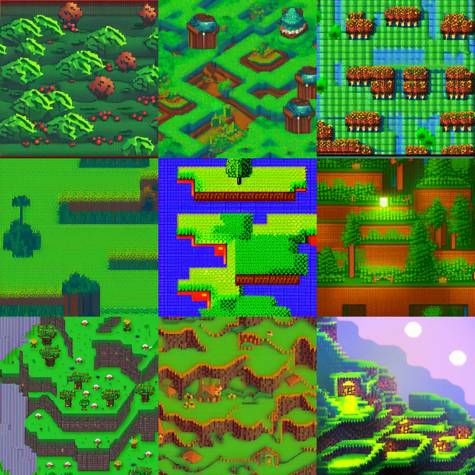 Prompt: green hills ,fantastic lighting, pixel art, high detail , 16 bits, 2d