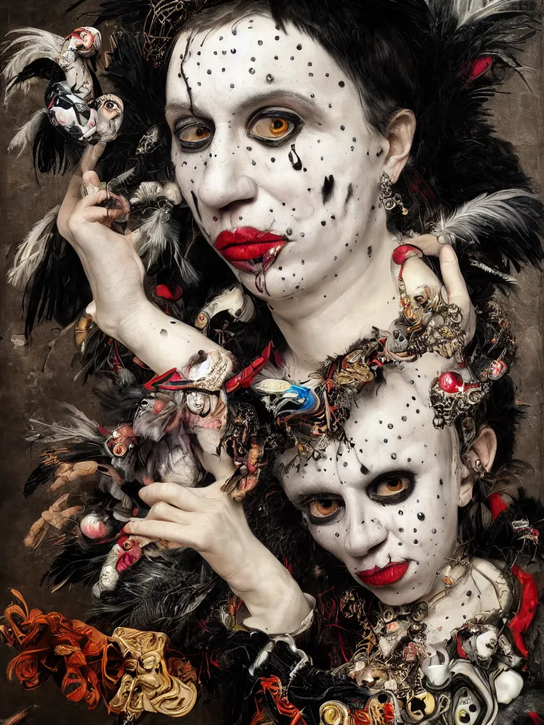 Prompt: Detailed maximalist portrait of a clown with cracked porcelain skin, dark doe eyes, a mouth like PJ Harvey, surrounded by black feathers and milk droplets, HD mixed media, 3D collage, highly detailed and intricate, surreal illustration in the style of Caravaggio, dark art, baroque