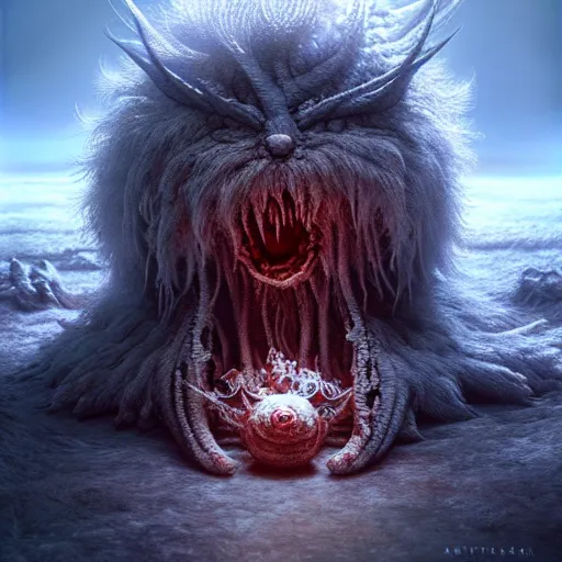 Image similar to cute chthonic fluffy monster by Ayami Kojima, Beksinski, Giger, vray render, unreal engine, 50mm lens, bottom angle