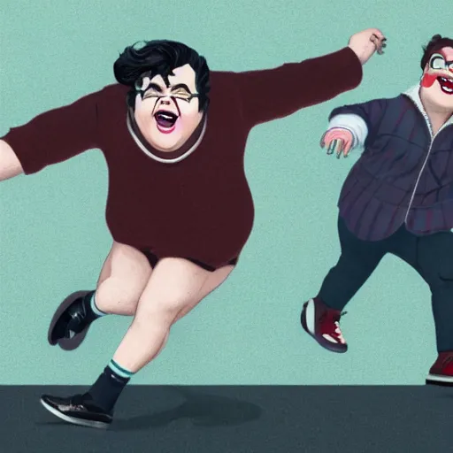 Prompt: josh gad running from melanie martinez, horror, 8 k concept art, detailed faces, extremely detailed, vintage camera