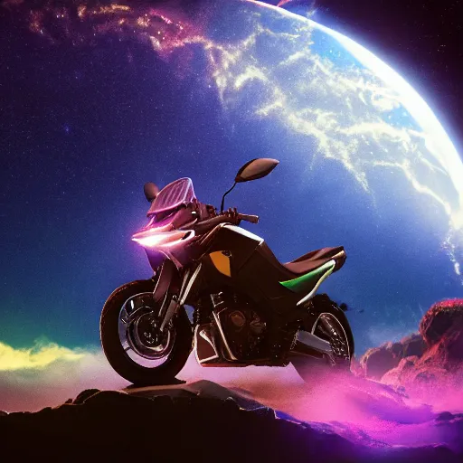 Prompt: high detail photo of a deserted yamaha motorcycle floating in space inside magic colorful glowing sparkling fog, planet behind it, starry sky, tranquil, desolate, atmospheric, hazy, autochrome, 8k, reflections, octane render, unreal engine 5