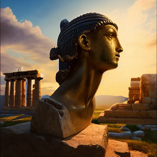 Image similar to greek ancient woman in bronze helmet standing on a giant greek ancient bearded man head, late afternoon light, greek temple of olympus glory island, wispy clouds in a blue sky, by frank lloyd wright and greg rutkowski and ruan jia