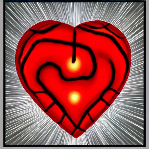 Prompt: a glowing red heart bound by strings with a black background, digital art, painting