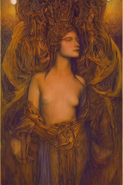 Image similar to goddess of the new moon, by Annie Swynnerton and Nicholas Roerich and jean delville, dramatic cinematic lighting , ornate headdress , flowing robes, lost civilizations, smooth, sharp focus, extremely detailed