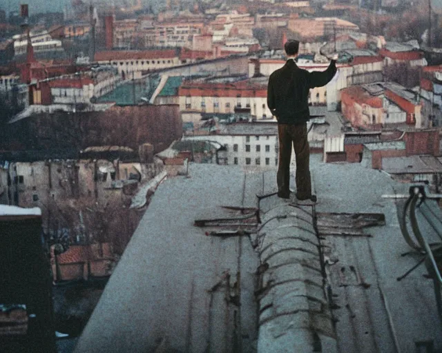 Image similar to lomo photo of man standing on the roof of soviet hrushevka, small town, cinestill, bokeh, out of focus