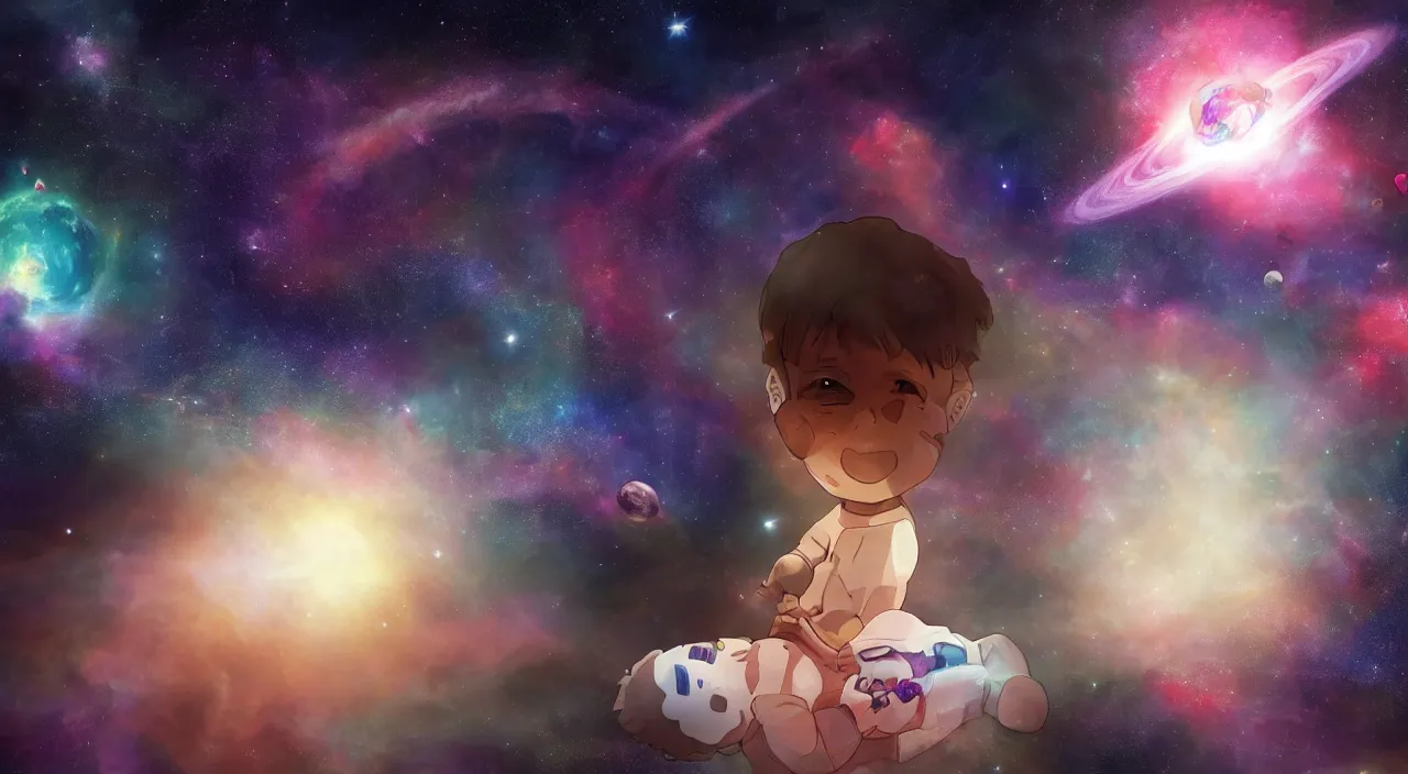 Image similar to a boy drifting through the cosmos with his teddy bear, gazing at the anatomical heart that beats at the nexus of space and time. fanart anime fanart, in the universe 16k resolution, godrays, planets and space, extraordinary sights, battle for the universe. unreal engine 60 fps screenshot, treding on art station. Emotional. The End of All Existence.