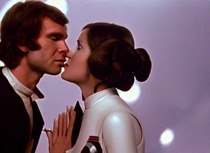 Image similar to screenshot of Han Solo dressed up as an imperial officer kissing Princess Leia Organa, iconic scene from 1970s Star Wars film directed by Stanley Kubrick, in a sci fi shipping port, last jedi, 4k HD, cinematic still frame, photoreal, beautiful portraits, moody lighting, stunning cinematography, lens flare, anamorphic lenses, kodak color film stock