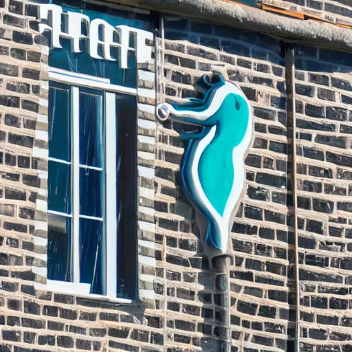 Image similar to company logo on a building showing a mermaid drilling a water well,