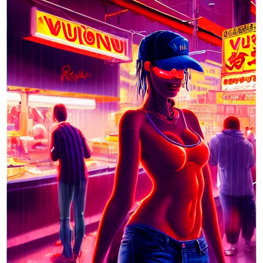 Image similar to illustration of an anthropomorphic vulpes vulpes fulva woman at a noodle stand eating ramen in the crowded street of a cyberpunk city, rain, harsh neon lighting, realistic, ultra detailed, by greg rutkowski, wlop, sakimichan, artgerm