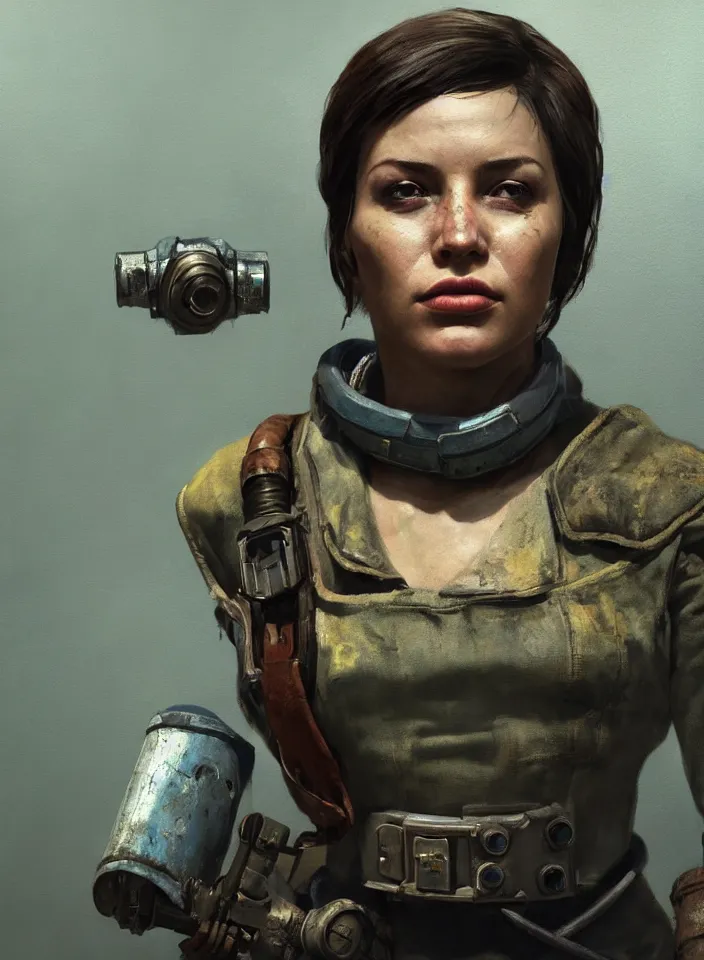 Image similar to a face portrait of a female bandit in fallout 4, scifi setting, fallout environment, drab colors, serene lighting, atmospheric, cinematic, moody, in the style of diego koi, gina heyer, luiz escanuela, art by alyssa monk, hyperrealism, rule of thirds, golden ratio, oil on canvas, 8 k