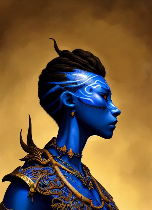Prompt: : side profile blue avatar, fantasy magic,, intricate, sharp focus, illustration, highly detailed, digital painting, concept art, jahbu art and paul lewin and kehinde wiley, masterpiece