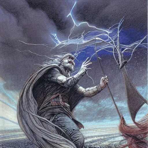 Prompt: the winds of Thor are blowing cold, Alan Lee illustration