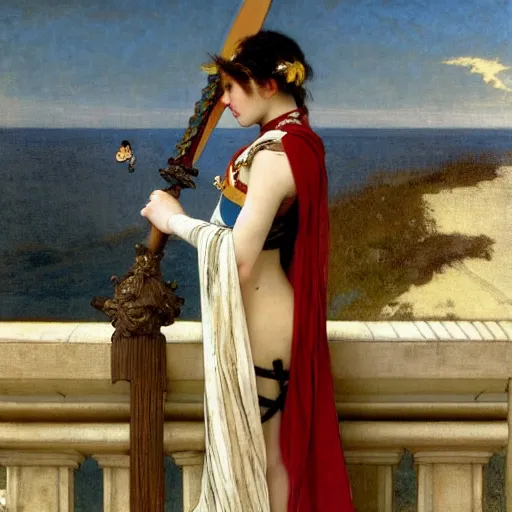 Image similar to A girl with jester clothes and a sword on the front of a Balustrade with a beach on the background, major arcana clothes, by paul delaroche, alphonse mucha and arnold böcklin arnold böcklin hyperrealistic 8k, very detailed